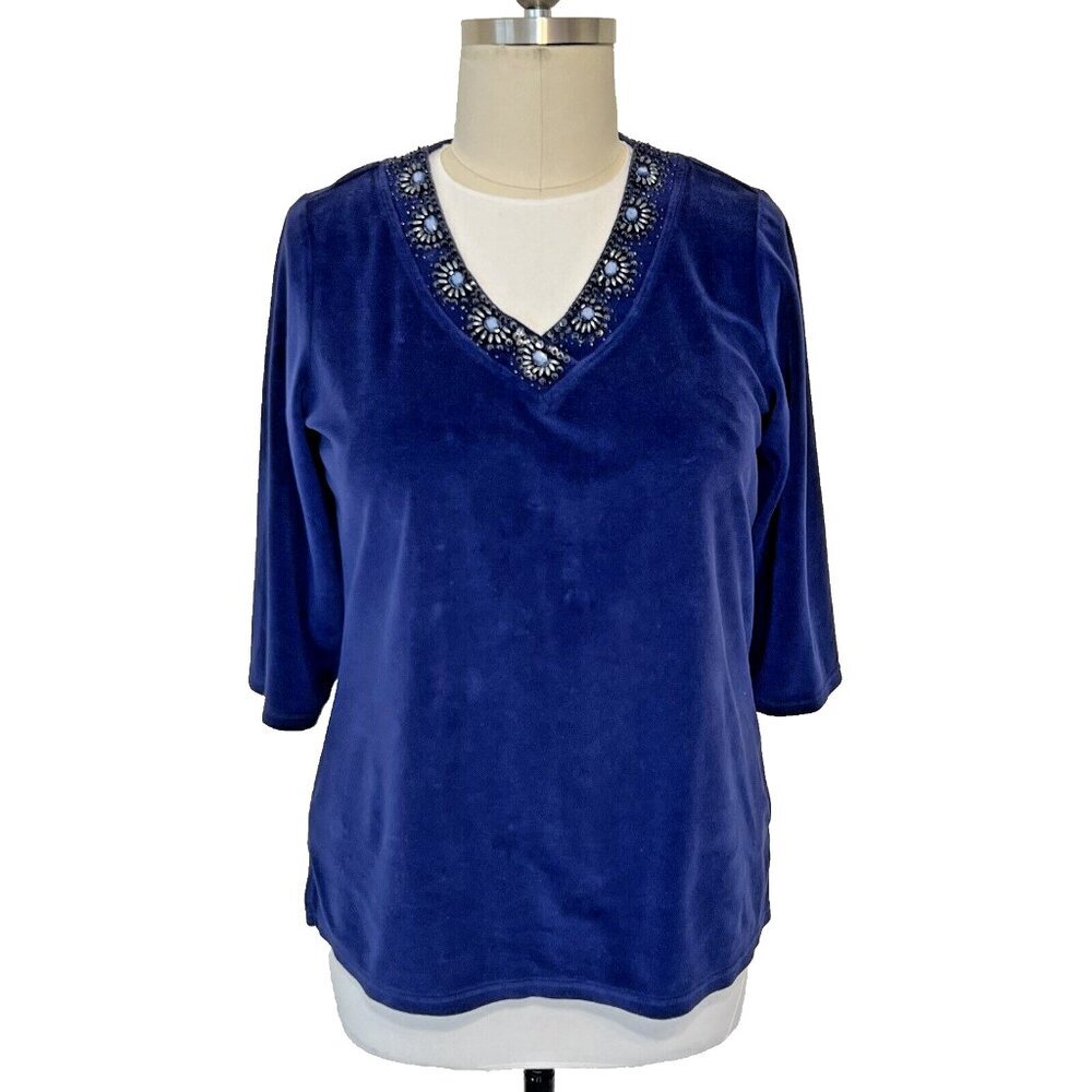 Quacker Factory - Blue Velvet V Neck Beaded Neck 3/4 Sleeve Stretch Tunic Top L